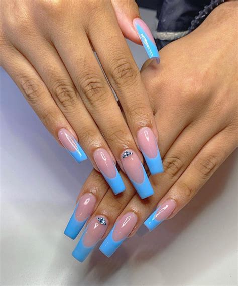 37 Sky Blue French Tip Nails — Blue Coffin French Nails