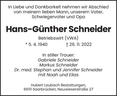 Traueranzeigen Von Hans G Nther Schneider Saarbruecker Zeitung Trauer De