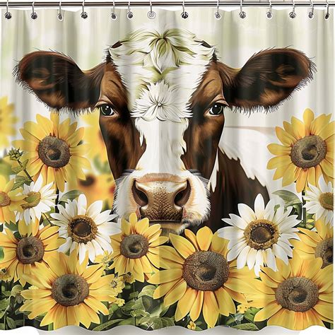 Anime Style Cute Cow And Sunflower Bathroom Decor With Cartoonish White