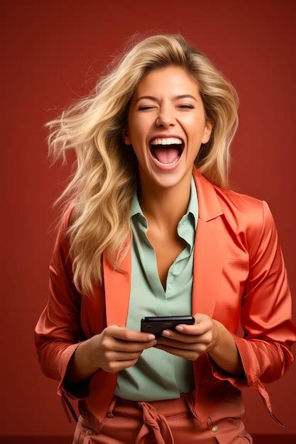 Premium Photo Woman Laughing While Holding Cell Phone In Her Hands