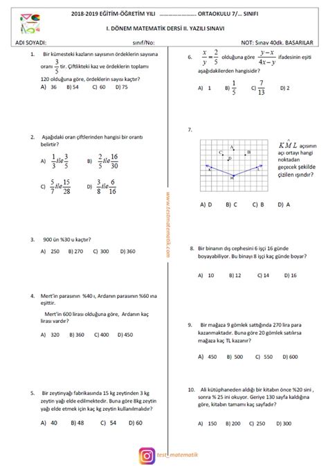 Sinif Matemat K D Nem Yazili Sinavi Test Matematik