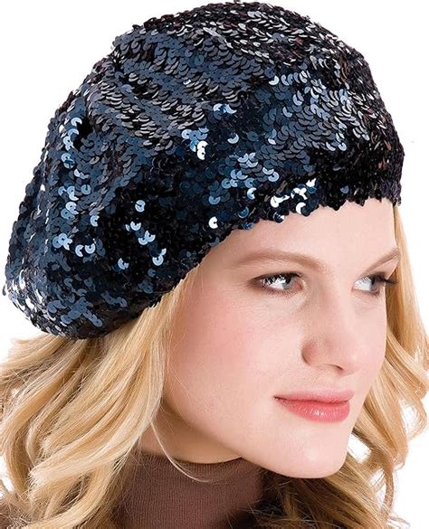 Ladies Sequined Knitted Hat French Beret Style Black Uk