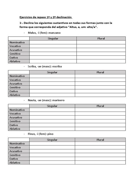 Ejercicios De Conjugación Y Declinación De Sustantivos Y Adjetivos En