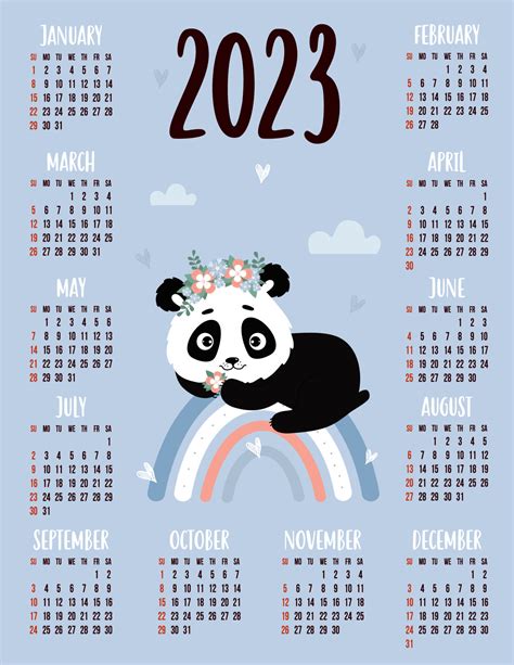 Vertical Annual Calendar For 2023 For 12 Months With Cute Panda On