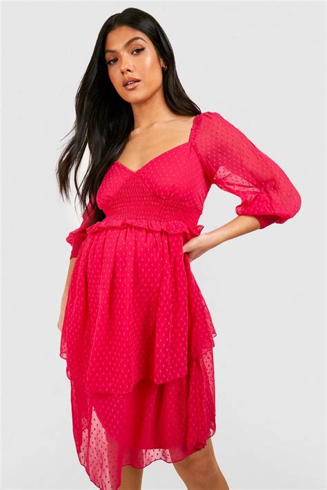 Maternity Dobby Mesh Frill Detail Smock Dress Boohoo Uk