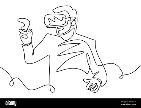 Continuous Line Drawing Of Man In Vr Glasses Holding Motion Controller