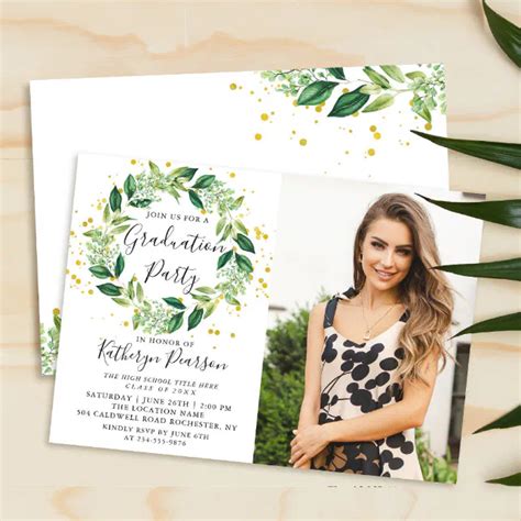 Chic Greenery Wreath Gold Glitter Graduation Photo Invitation Zazzle