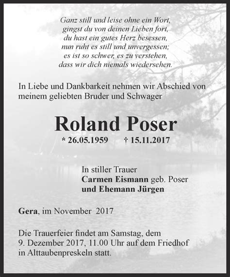 Traueranzeigen Von Roland Poser Trauer In Thueringen De