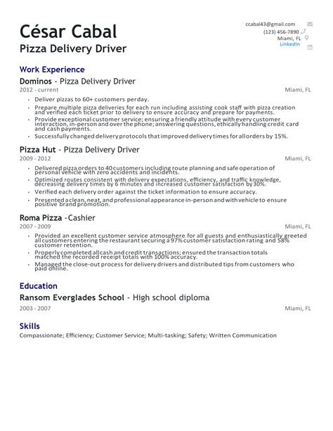 Download Free Pizza Delivery Driver Resume Docx Word Template On