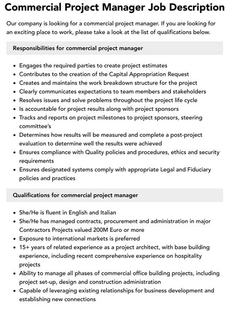 Commercial Project Manager Job Description Velvet Jobs