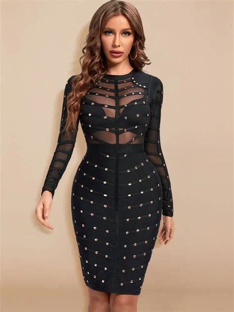 Beaukey Sexy Black Nail Beaded Hl Bandage Dress Women Knee Length Mesh Rivets Bodycon See