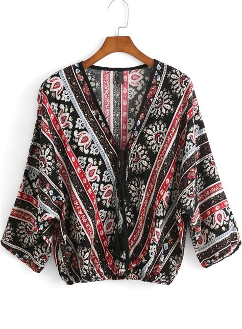 Black V Neck Tribal Print Crop Blouse Shein Sheinside