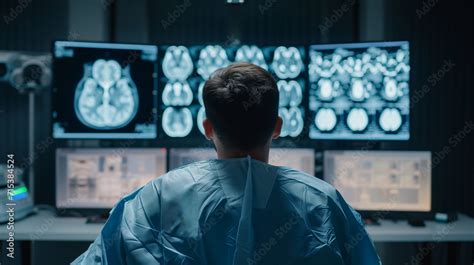 Radiologist Analyzing Mri Brain Scans On Monitors A Healthcare