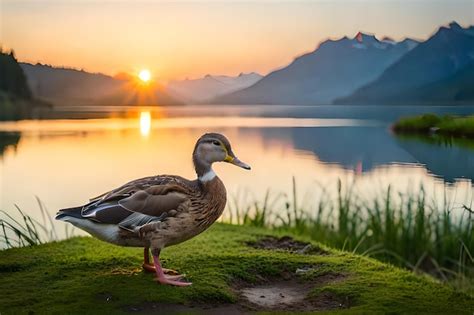 Un Pato Se Encuentra Sobre Un C Sped Junto A Un Lago Con Monta As Al