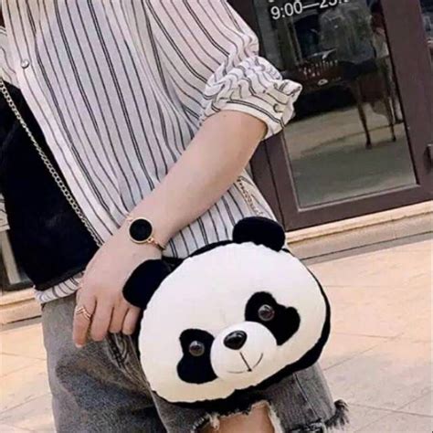 Jual Tas Selempang Bulu Boneka Panda Hitam Putih Imut Lucu Gemoy Chubby