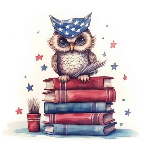 There Is A Watercolor Painting Of An Owl Sitting On A Stack Of Books Generative Ai Premium Ai