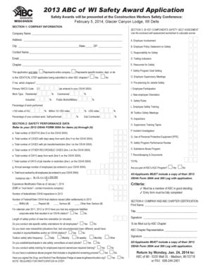 Fillable Online Abcwi 2013 ABC Of WI Safety Award Application