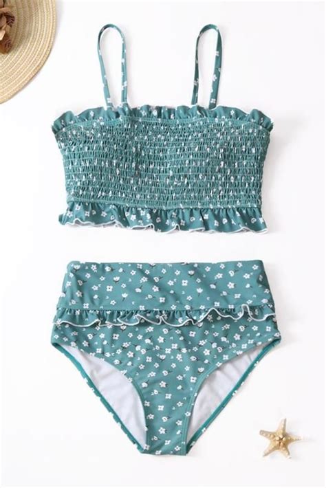 Smocked Ruffle Bandeau Strappy Bikini Top High Waisted Ruffled Bikini