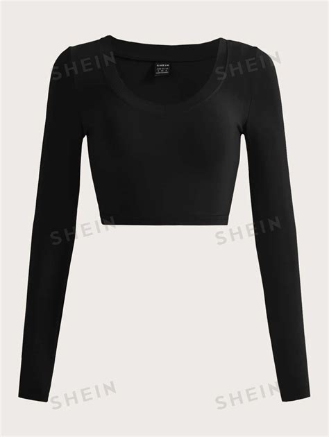 Shein Ezwear Spring Black Scoop Neck Long Sleeves Crop Knitted Slim Fit