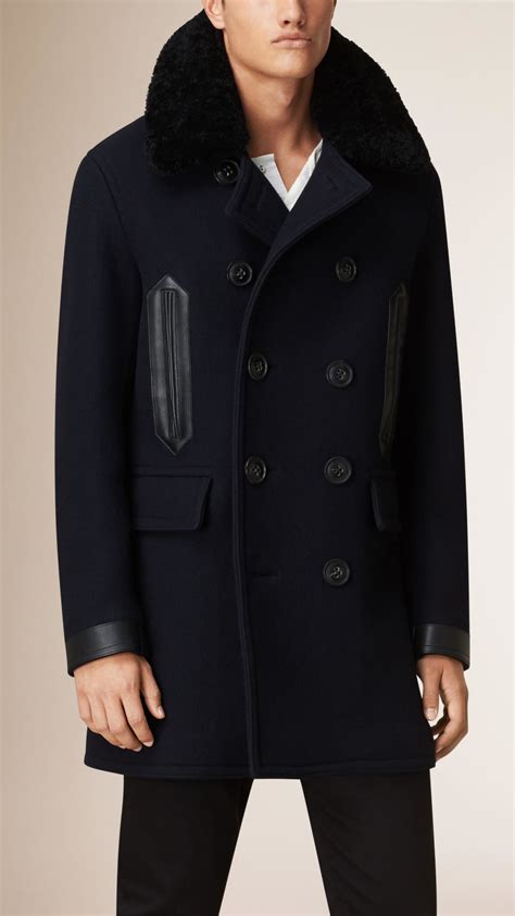 Lyst Burberry Shearling Collar Wool Blend Pea Coat In Blue For Men