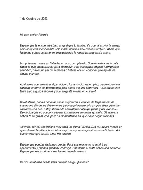 Ejemplos Carta Informal Para Un Amigo Pdf
