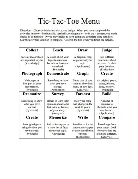 Tictactoemenubloomsdoc Learning Menus And Choice Boards Throughout Tic