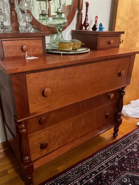Lot Vintage Cherry Five Drawer Dresser With Mirror