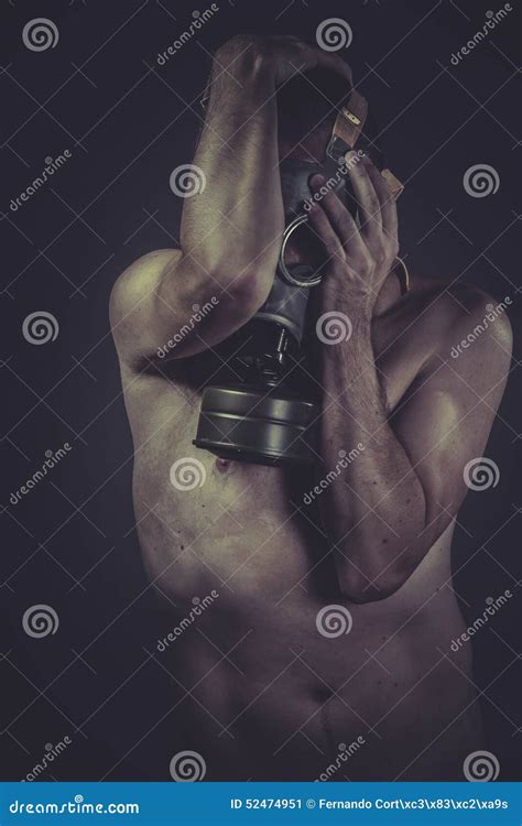 Fear Concept Of Risk Of Contamination Naked Man With Gas Mask Stock Image Cartoondealer