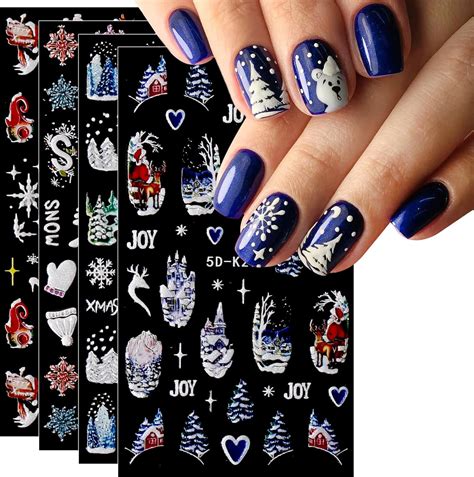 Jmeowio D Embossed Christmas Nail Art Stickers Decals Self Adhesive D