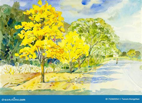 Aquarela Que Pinta A Cor Original Do Amarelo Da Paisagem Da Flor