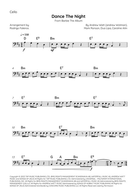 Dance The Night Arr Rodrigo Faleiros By Dua Lipa Sheet Music For Cello Solo At Sheet Music Direct