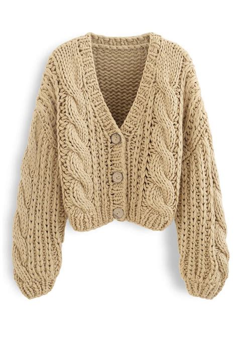 V Neck Crop Hand Knit Chunky Cardigan In Camel Chunky Cardigan