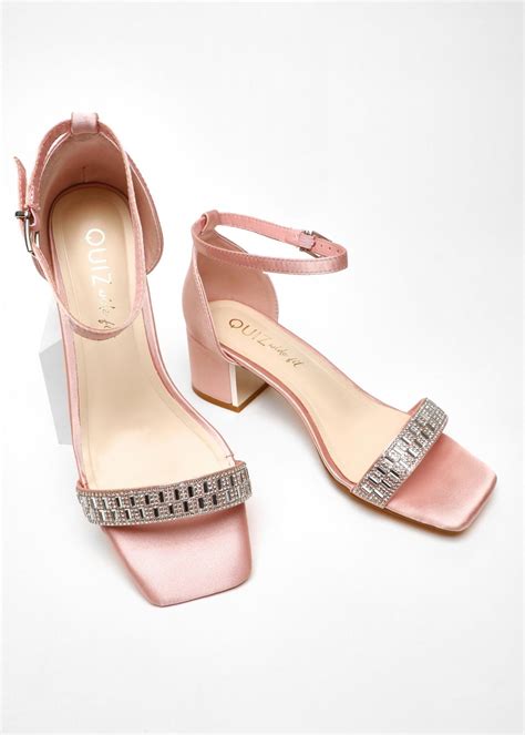 Quiz Pink Wide Fit Satin Diamante Low Block Heeled Sandals Matalan