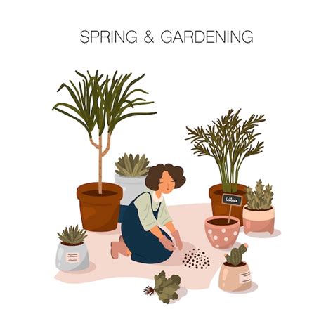 Ilustración De Primavera Y Jardinería Una Niña Pasa Tiempo Plantando Plantas De Interior En