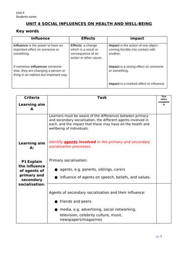 Level 2 Checklist Unit 4 Learning Aim A B And C Level 2 Btec Health And Social Care Teaching