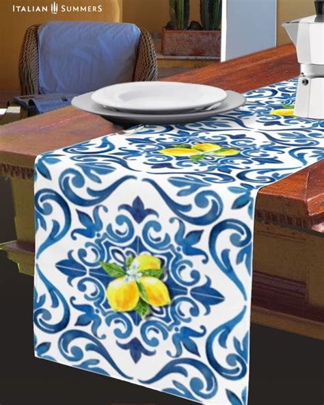 Italy Blue Tiles And Lemons Table Runner Italian Tiles Etsy Lemon