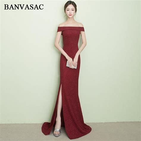 BANVASAC 2018 Sequined Boat Neck Split Mermaid Long Evening Dresses