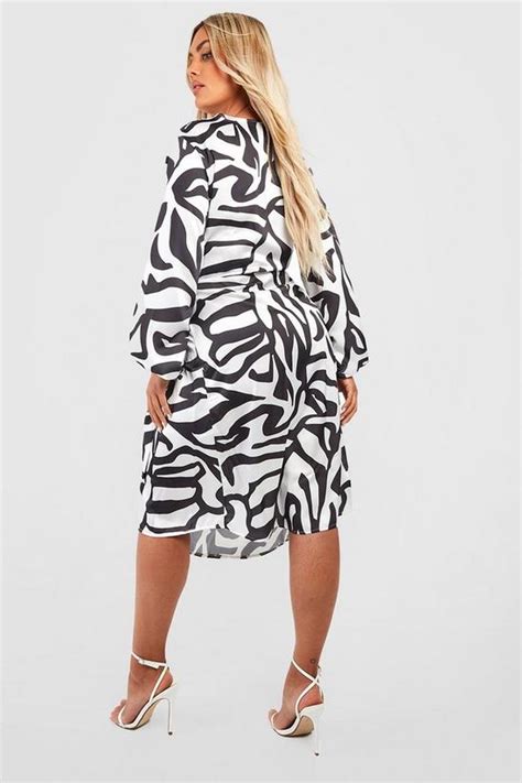 Dresses Plus Mono Print Wrap Midi Dress Boohoo