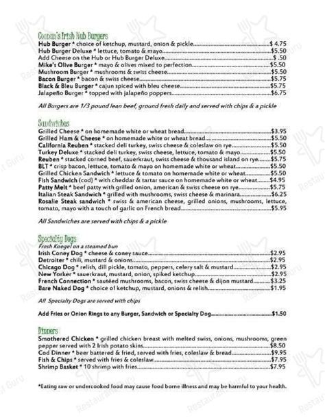 Menu At Coonan S Irish Hub Pub And Bar Bay City