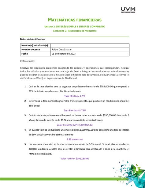 A3 Matematicas Financieras MATEMÁTICAS FINANCIERAS UNIDAD 2 INTERÉS