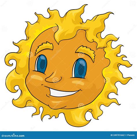 Happy And Cute Sun With Blue Eyes In Cartoon Style Vector Illustration