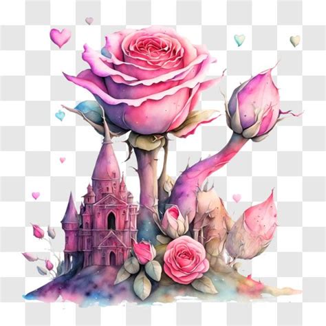 Download Pink Rose in Imaginary Castle with Hearts and Flowers PNGs ...