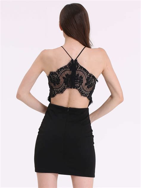 Black Spaghetti Strap Contrast Lace Dress Shein Sheinside