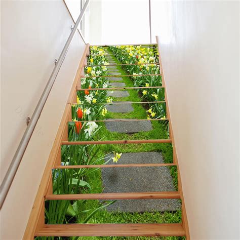 Green Grass Path Stair Stickers Tree Lined Trail Self Adhesive