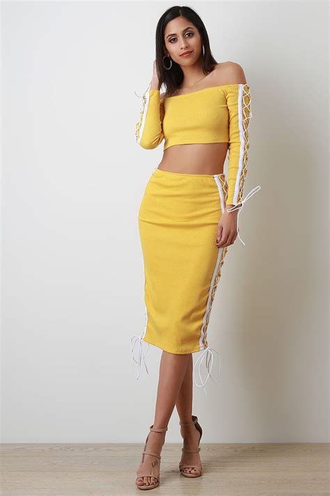 Side Lace Up Crop Top With High Waisted Midi Skirt Set Skirts Midi