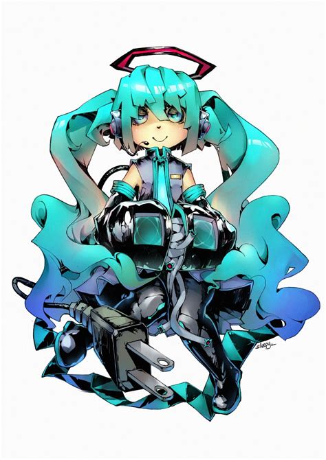 Safebooru Aqua Eyes Aqua Hair Artist Name Cable Detached Sleeves Halo Hatsune Miku Headset