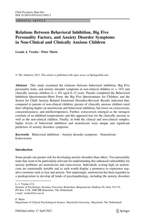 Pdf Relations Between Behavioral Inhibition Big Five Personality