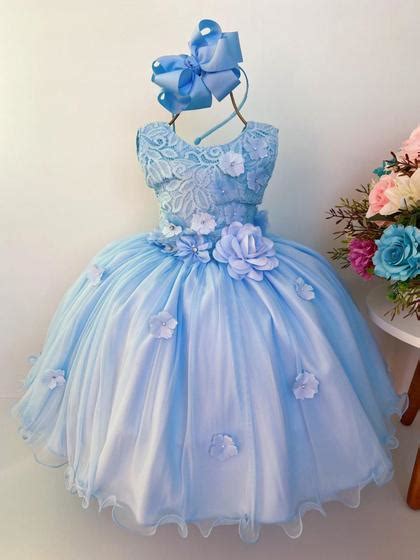 Vestido Infantil Azul Rendado Luxo Flores Em Aplique Vila Lele