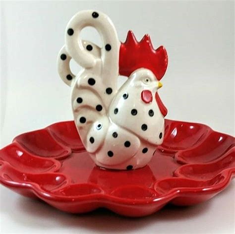 Vintage Ceramic Deviled Egg Plate With Chicken Retro Red Kitchen Deviled Egg Plate Deviled