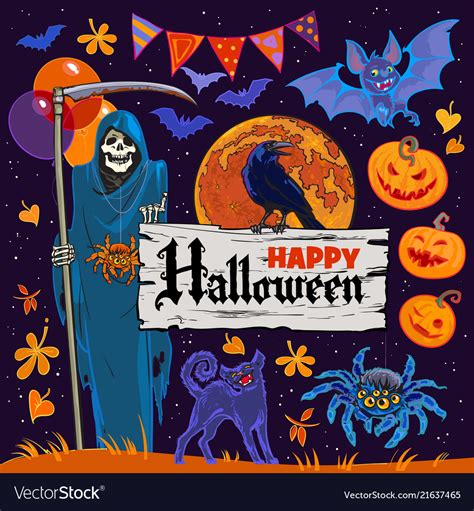 Set Of Halloween Cartoon Characters And Objects Vector Image